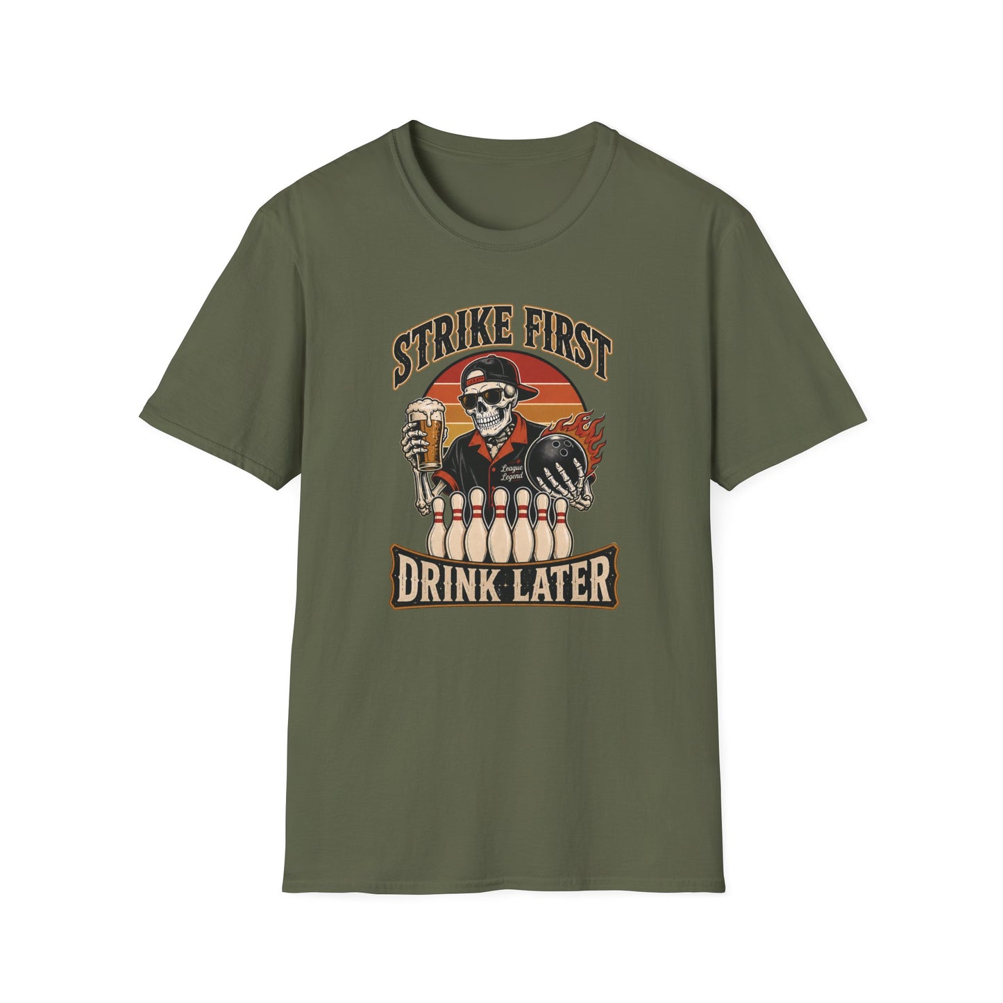 Strike first, drink later funny bowling T-Shirt